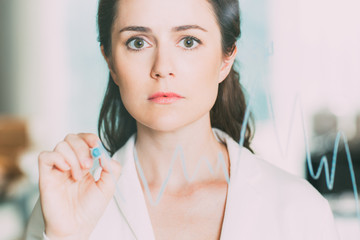 Worried Adult Businesswoman Drawing Graph on Glass