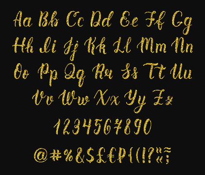 Handwritten latin calligraphy brush script with numbers and symbols. Gold glitter alphabet. Vector