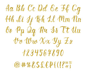Handwritten latin calligraphy brush script with numbers and punctuation marks. Gold glitter alphabet. Vector