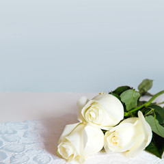 Three large white dreamy cream roses on blue/gray background.