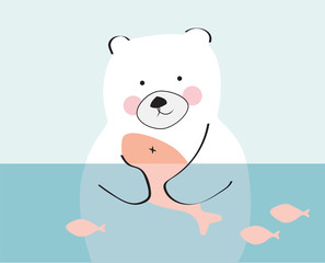 Bear holding a salmon child drawings vector. Polar bear hunting on water.