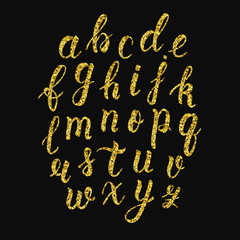 Handwritten latin calligraphy brush script of lowercase letters. Gold glitter alphabet. Vector