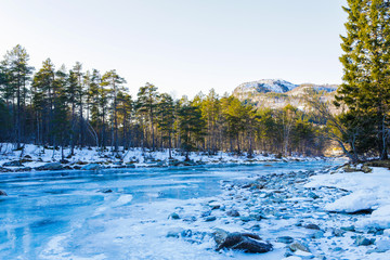 Frozen mountain river. Hordaland. Norway.