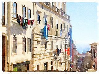 Digital watercolor of washing hanging out to dry on clotheslines on a sunny day in Lisbon, Portugal. With space for text.  - 137252720