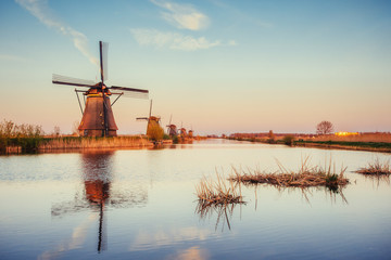 Traditional Dutch windmills from the channel Rotterdam. Holland