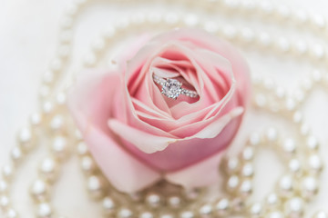 wedding rings with pastel pink rose