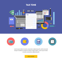 Horizontal banner and icon set, flat design. Payment of tax. State taxes, analysis of financial data, statistics, calculation of tax return. Objects workplace and devices for web, vector illustration