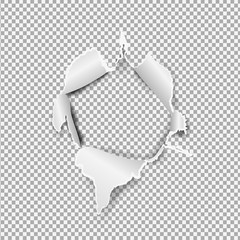 Torn paper realistic, hole in the sheet of paper on a transparent background. Vector illustration