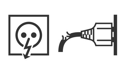Vector isolated icons of power socket and damaged wire of plug on white background.