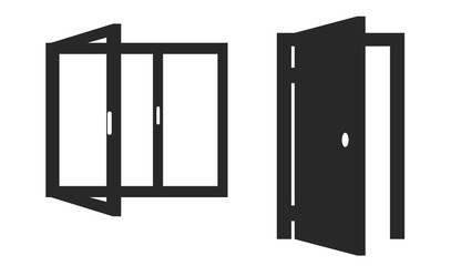 Vector isolated icons of opened door and window on white background.