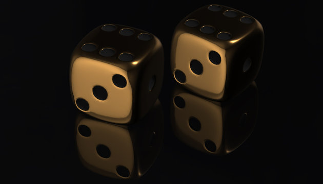 3d golden poker two dice, reflection on black background, 3d render