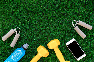 concept preparing to fitness sports equipment top view mock up