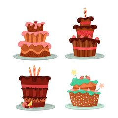 Cakes with strawberry and cherry, candle and stars