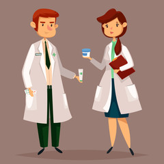 Fototapeta premium Pharmacist and woman druggist with pills, tablets