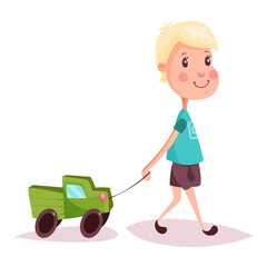 Boy or child, kid or guy with toy truck or lorry