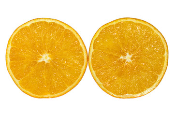 Two halves of orange isolated on white background.