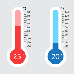 Celsius and Fahrenheit thermometers icon with different levels. Flat vector illustration isolated on white background. - obrazy, fototapety, plakaty
