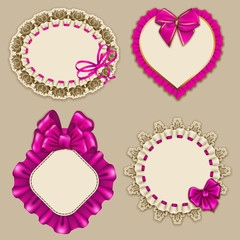 Set of elegant templates ornate frames for design luxury invitation, gift, greeting card, postcard with lace ornament, ruffles, bows, ribbons, place for text. Vector illustration EPS10