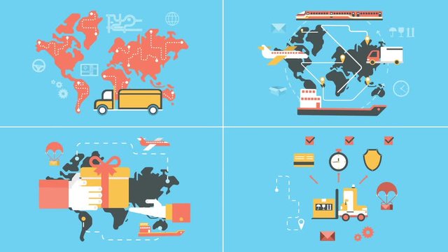 Flat logistics and delivery in out animated icons set with alpha channel. Complex shipping solutions, ground, hand-deliver, on time guaranteed shipping concept.