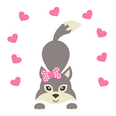 cartoon wolf with bow and heart vector