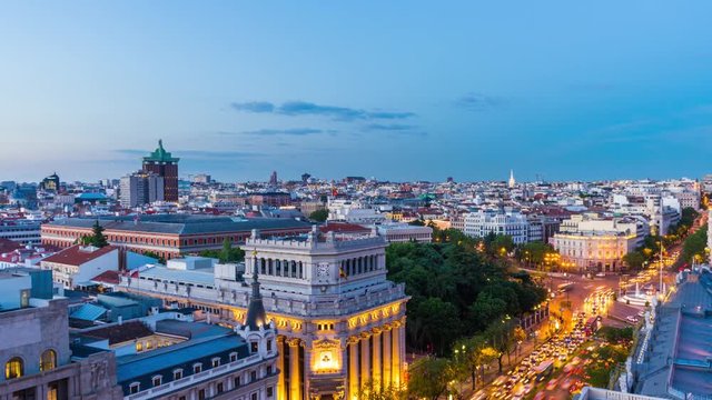 Panoramic timelapse view over Madrid in the nightfall 