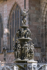 Tugendbrunnen virtues' fountain, late renaissance, by Benedict Wurzelbauer, from 1584 to 1589, old town, Nuremberg, Middle Franconia, Franconia, Bavaria, Germany, Europe