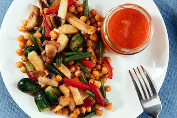 steamed vegetables a mushrooms and sauce. Advertising shooting menu.