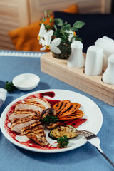 Grilled vegetables and chicken fillet. Traditional cuisine. Gril