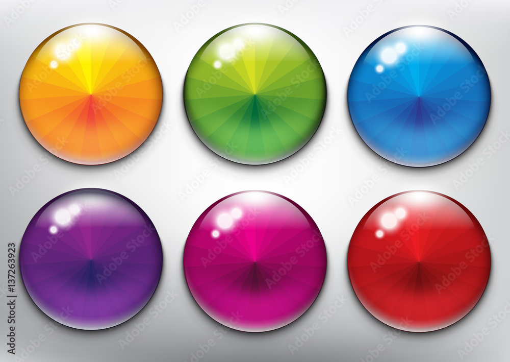 Wall mural Abstract vector web buttons set of 6. Isolated with realistic, transparent glass shine and shadow on the light background. Vector illustration. Eps10.