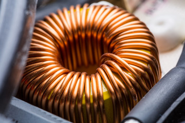 Electric transformer copper coil closeup
