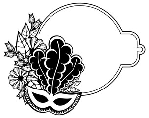 Black and white silhouette frame with carnival masks. Vector clip art.