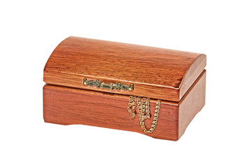 Treasure chest with jewellery golden chain isolated on white background.