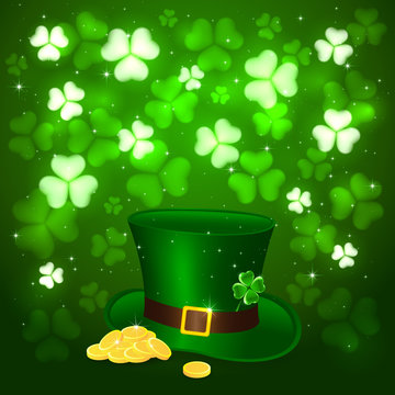 Patrick day background with clover and hat leprechauns