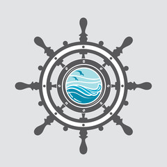 image of ship helm and porthole with sea waves