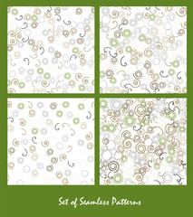 Set of seamless patterns. Spirals and circles color spring design. Bright abstract decorative backgrounds.