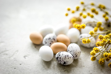 Eggs and flower for easter on white background top veiw mock-up