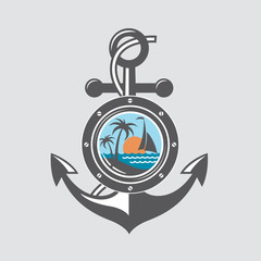 image of ship anchor and porthole with sea waves