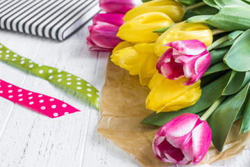 flowers spring tulips on wooden background