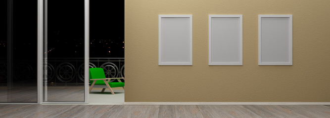Interior with blank picture frames 3d rendering
