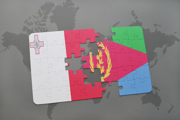 puzzle with the national flag of malta and eritrea on a world map