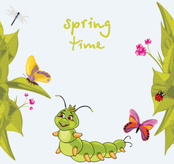 Cartoon smiling caterpillar among butterflies