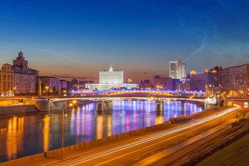 Panorama evening city. River Moscow. House government Russian Federation.