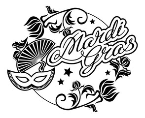 Silhouette frame with carnival masks and artistic written text "Mardi Gras".