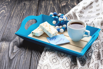 Egypt nougat and cup of coffee in tray
