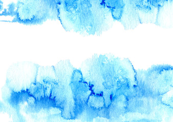 Blue watery frame .Abstract watercolor hand drawn illustration. Azure splash.White background.