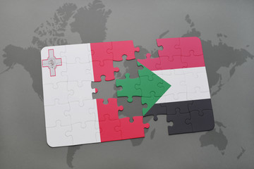puzzle with the national flag of malta and sudan on a world map