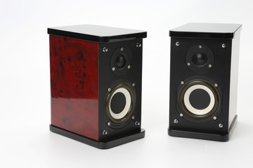 two stereo audio speakers on white background.