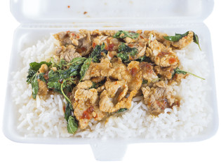 Rice topped with fried pork basi