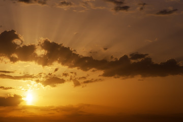 Beautiful orange sunset sky with sun rays.