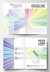 Naklejka premium Szablony biznesowe dla broszury, magazynu, ulotki. Szablon okładki, łatwy do edycji wektor, płaski układ w formacie A4. Kolorowe tło, abstrakcyjne fale, linie. Jasne krzywe kolorów. Projekt ruchu.